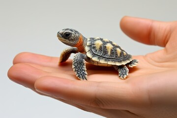 Obraz premium A baby sea turtle, its tiny flippers raised as it moves across the white surface