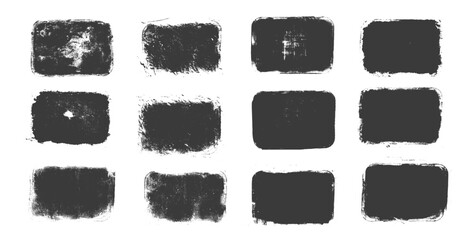 Ink grunge text boxes set. Callouts rectangles frames. Linocut rolled paint black tag swatch. Vector handmade brayer stamp smudged texture. Rough paint decorative irregular border.