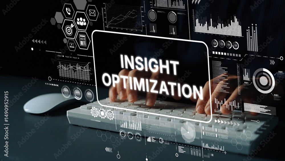 Poster insight and optimization in digital marketing with futuristic data visualization and technology back