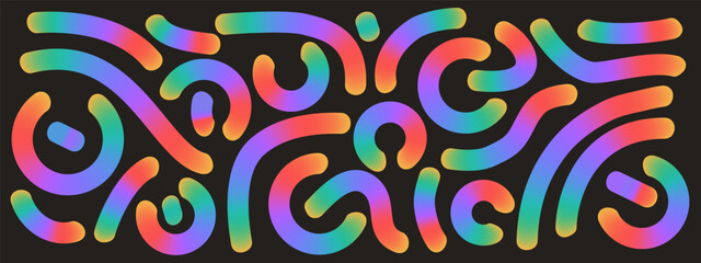 Colorful gradient lines set. Wavy abstract shapes collection. Decorative squiggle doodles. Irridescent curved spirals elements. Vector rainbow swirls. Creative whimsical random path.