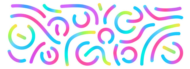 Colorful gradient lines set. Wavy abstract shapes collection. Decorative squiggle doodles. Vector rainbow swirls. Carnival gradations strokes. Creative whimsical random path..