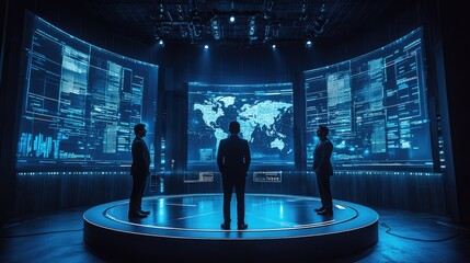Three men in suits observing global data on large screens in a dark room.