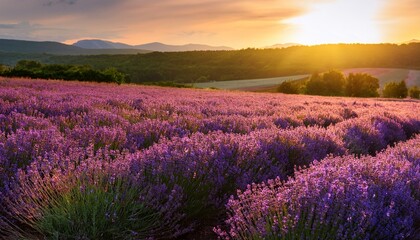 Obraz premium golden hour lighting a serene field of blooming lavender in late spring