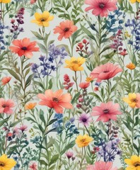 Loose watercolor wildflowers, vibrant color palette, organic shapes,  gouache,  hand-painted,  meadow