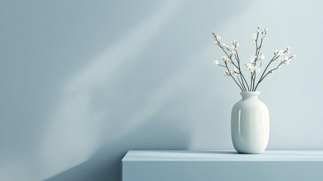 White vase with small white flowers in it sitting on a light blue shelf against a plain light blue wall. the vase is round and has a narrow neck and a wide base.