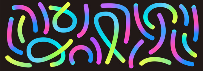 Colorful gradient lines set. Wavy abstract shapes collection. Decorative squiggle doodles. Irridescent curved spirals elements. Vector rainbow swirls. Carnival gradations strokes.