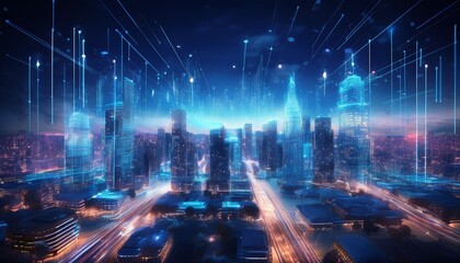 Obraz premium futuristic urban landscape city skyline digital interface nighttime aerial view innovative technology concepts