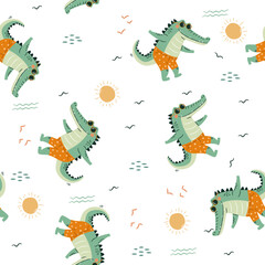 Seamless vector pattern. Cute happy crocodile in swimming trunks and sun glasses, summer elements on white background . Vector illustration