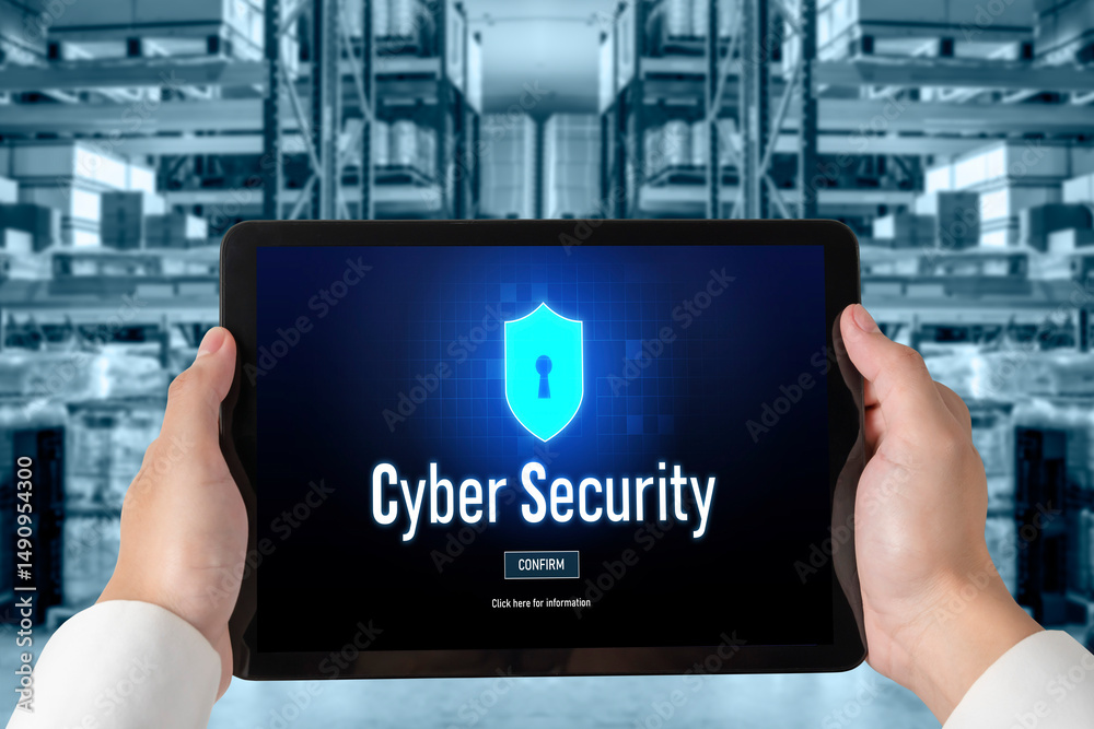 Poster cyber security system on computer screen protect private information snugly from hacker and cyber at