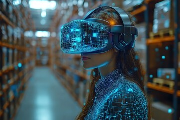 Woman engages in virtual reality experience inside a warehouse, showcasing advanced technology with digital graphics in a modern setting