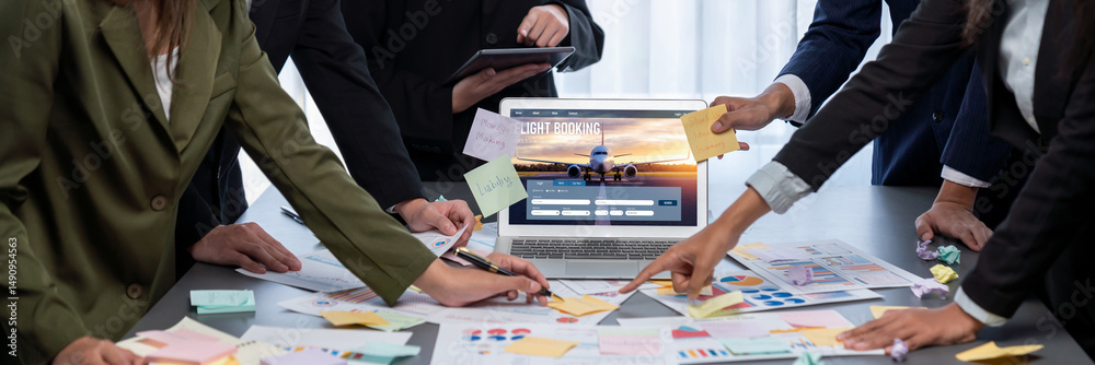 Poster analyst team use sticky note for creative and analytic brainstorm for business idea with bi data das