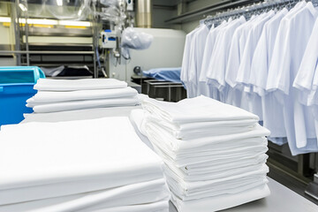 Organized clean white sheets in a laundry facility Generative AI