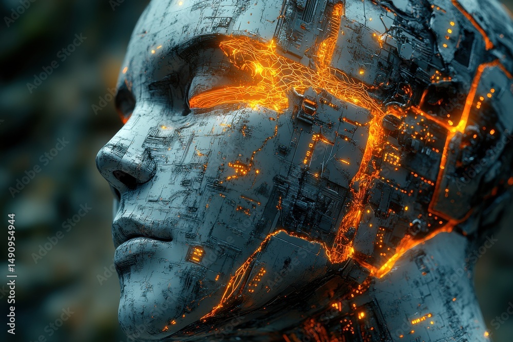 Poster futuristic android with glowing patterns stands in a vibrant, high-tech environment exploring advanc