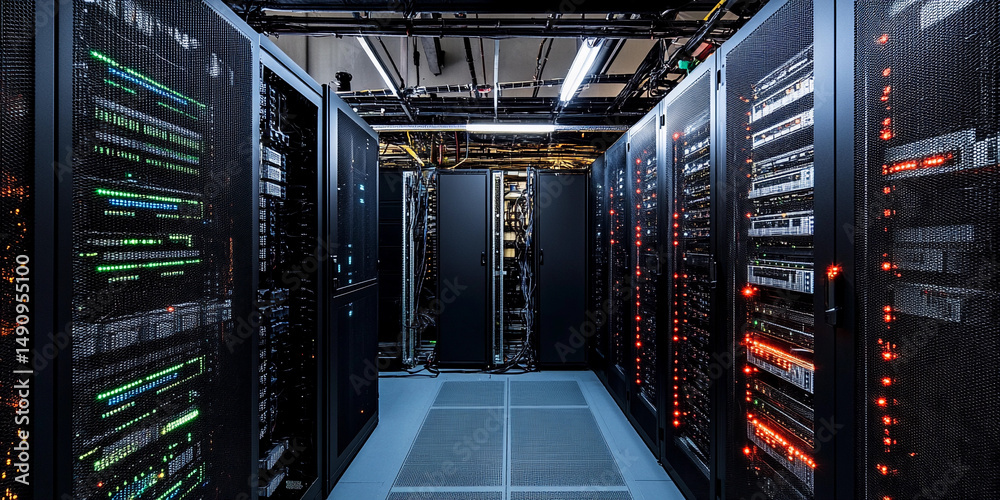 Aufkleber Dark technology server room filled with computers and equipment Generative AI
