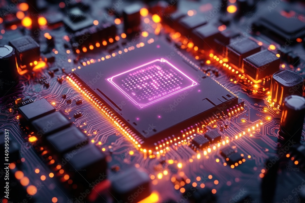 Poster advanced microprocessor and circuit board illuminated with bright orange leds at close range showcas