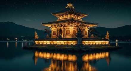 Obraz premium Serene Temple Illumination, A Nighttime Reflection of Asian Architecture