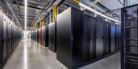 Dark tech server room with advanced computing equipment Generative AI