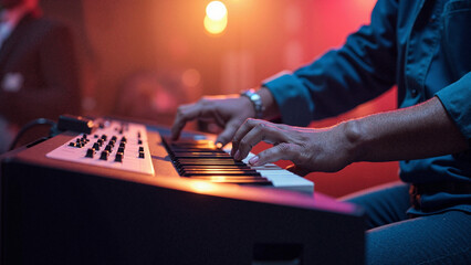 Passionate worship keyboard player performing during vibrant church service, ideal for worship events, Christian music promotion, and faith-based media    keywords:   worship, keyboard, musician, 