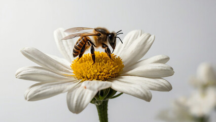 Macro Shot of a Bee on a White Petal Flower with White Background