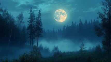 Misty night forest scene under a full moon.