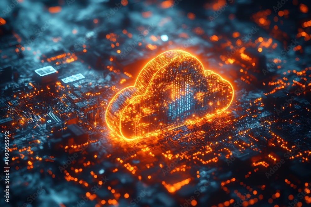 Poster digital representation of cloud computing with glowing circuits and data in a technological landscap