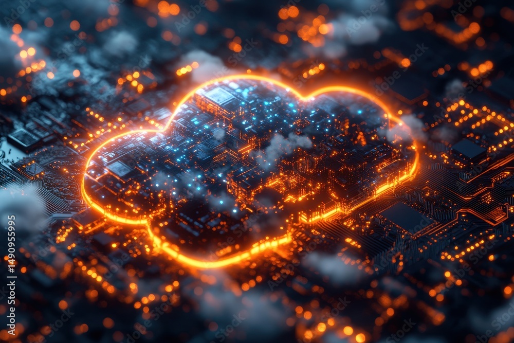 Poster digital cloud technology with glowing circuits and illuminated data on a circuit board