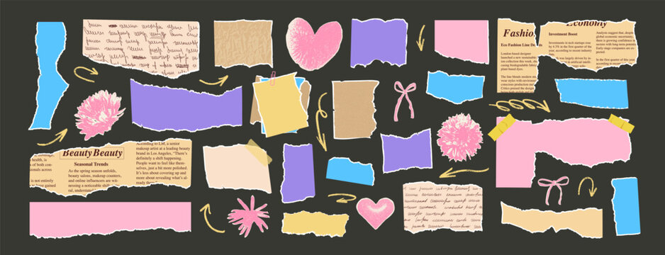 Set of torn papers with flowers cutouts. Tear romantic sheet pieces with arrows and heart. Blanks with uneven textured edges. Empty colorful callout for text. Vector hand drawn illustration.