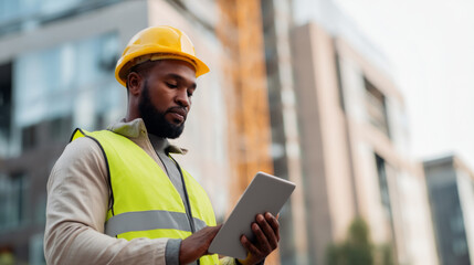 Architect with tablet at construction site for modern development project