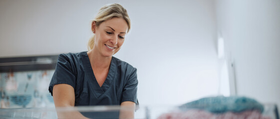 Midwife organizing supplies in a modern birthing room setting