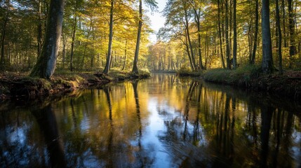 Obraz premium Golden reflections: A tranquil waterway scene through an autumn woodland