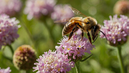 Macro Shot of a Bee on a Purple Petal Flower in a Flower Field