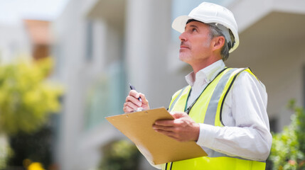 Construction manager reviewing project plans on site with clipboard and protective gear