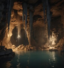 Modern subterranean grotto, water drips, stalactites,  architecture,  geology, water