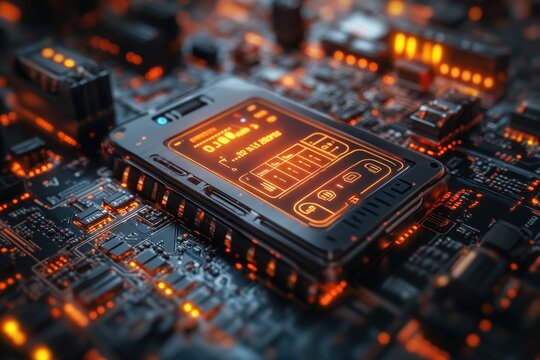 High-tech circuit board close-up with illuminated components showcasing digital innovation in electronics