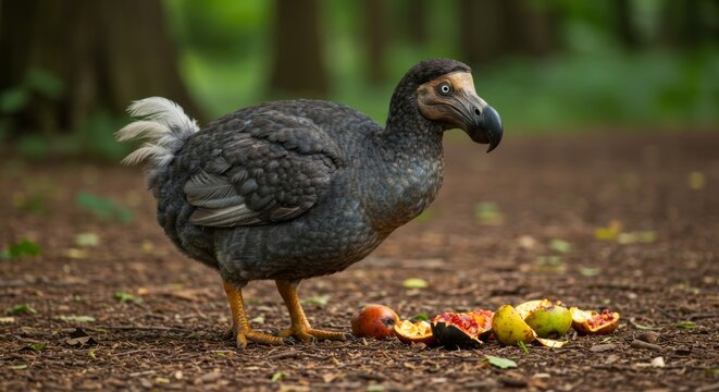 Enigmatic dodo bird enjoying a colorful fruit feast in a lush forest setting