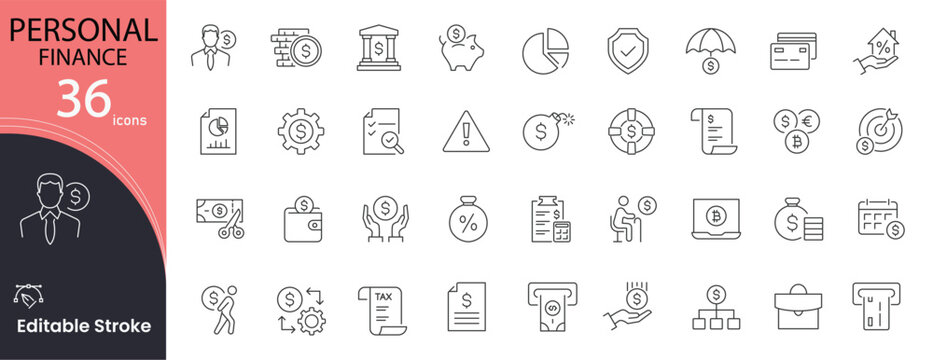 Personal Finance icon set. Money management and budgeting related line icons: wallet, savings, investment, calculator, bills, credit card, budgeting, expenses, income and more. Editable stroke. 