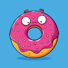 Fototapeta premium A cartoon donut with a surprised expression, pink icing, and colorful sprinkles.