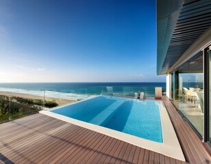 Fototapeta premium beachfront modern home with private pool sleek design and sea view balcony
