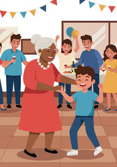 Fototapeta premium Grandmother Dancing with Boy at Family Celebration Indoor Portrait Scene 