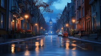 Reflections on a Rainy City Street at Twilight with Distant Tower