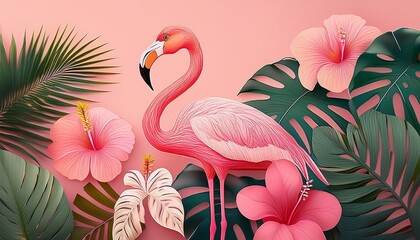 Obraz premium palm leaf monstera leaf pink hibiscus and cute flamingo in the pink background minimalism summer poster