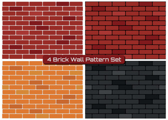 4 Brick Wall Pattern Set - Illustrations of Walls with Red, Orange and Black Bricks. Seamless Patterns.