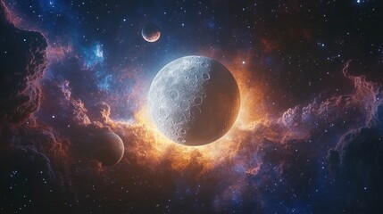 Glowing nebula surrounds celestial bodies in space.