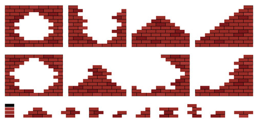 Collection with 8 Models of Red Brick Walls under Construction + Pieces for Maker.