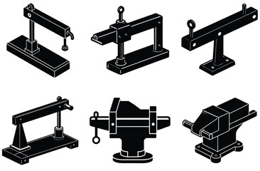 Isolated white background shows a set of different metal construction tools and iron equipment