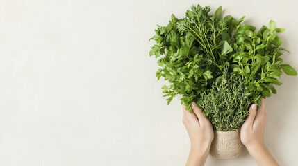 Fototapeta premium Fresh herbs in natural burlap bag, held by hands, evoke sense of freshness and health. Perfect for cooking or gardening enthusiasts