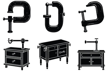 Isolated on white, a vector illustration presents a set of different metal construction and fitness equipment tools, including a black clamp and a pipe