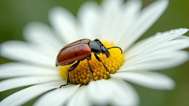 A beetle on a daisy flower with water drops. Creative. Close up of an insect crawling on soft white petals of a flower.