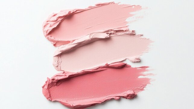 Three swatches of lipstick on a white background. the swatches are arranged in a triangular formation, with the topmost swatch being the largest and the bottom two being the smallest.