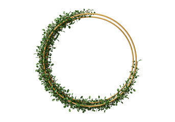 Floral golden frame with green leaves isolated on transparent background